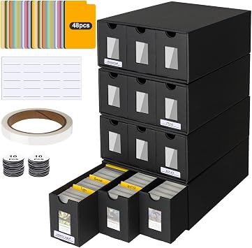 Trading Storage Box Card with Visualization Window, 4 Card Storage Box with 48 Card Dividers, Labels Tape and Drawers, for Tcg, Mtg, Ptcg, Sports Cards 4 PCS