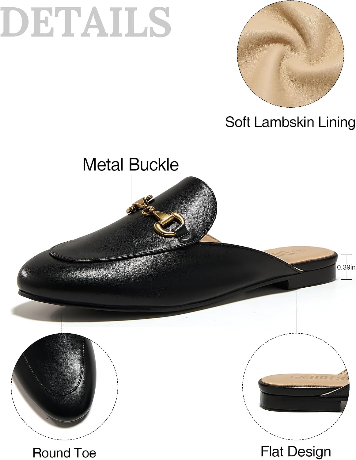 Womens Lambskin Insole Mules Metal Buckle Backless Slip on Flats