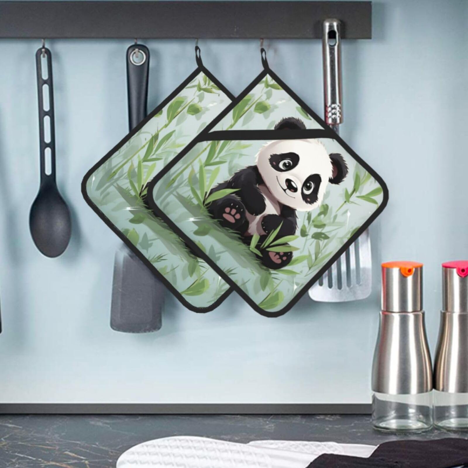 2 Pcs Pot Holders for Kitchen Heat Resistant Cotton Potholers Panda Bamboo Oven Hot Pads for Microwave Cooking Baking BBQ