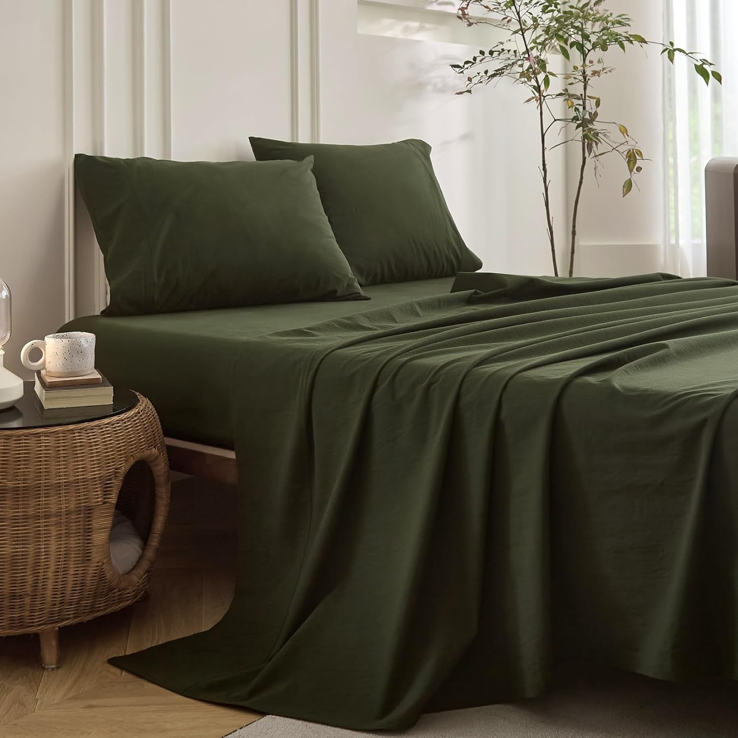 6PS Olive Green King Size Bedding Sets Linen Like Cotton Bed Set Oeko-TEX Standard 100% Washed Cotton Deep Pocket King Size Fitted Sheet Plus Cozy Flat Sheet and 4 Pillowcases