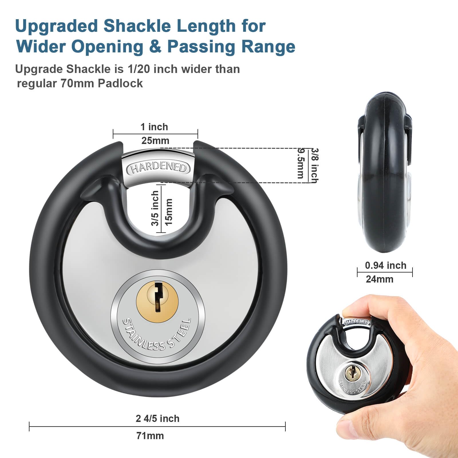 DAYGOS Outdoor Padlock for Storage Unit with Same Key, Waterproof Stainless Steel Disc Lock with Rubber Bumper for Shed, Gate, Fence, Heavy Duty Keyed Discus Pad Lock (3/8-Inch Shackle, 4 Pack)