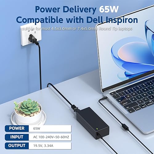 Miniatura 2 de 65W Laptop Charger Compatible with Dell Inspiron 11 13 14 15 17 24-3000 5000 7000 Series, 2 Tips AC Adapter Power Supply Cord（4.5mm and 7.4mm）