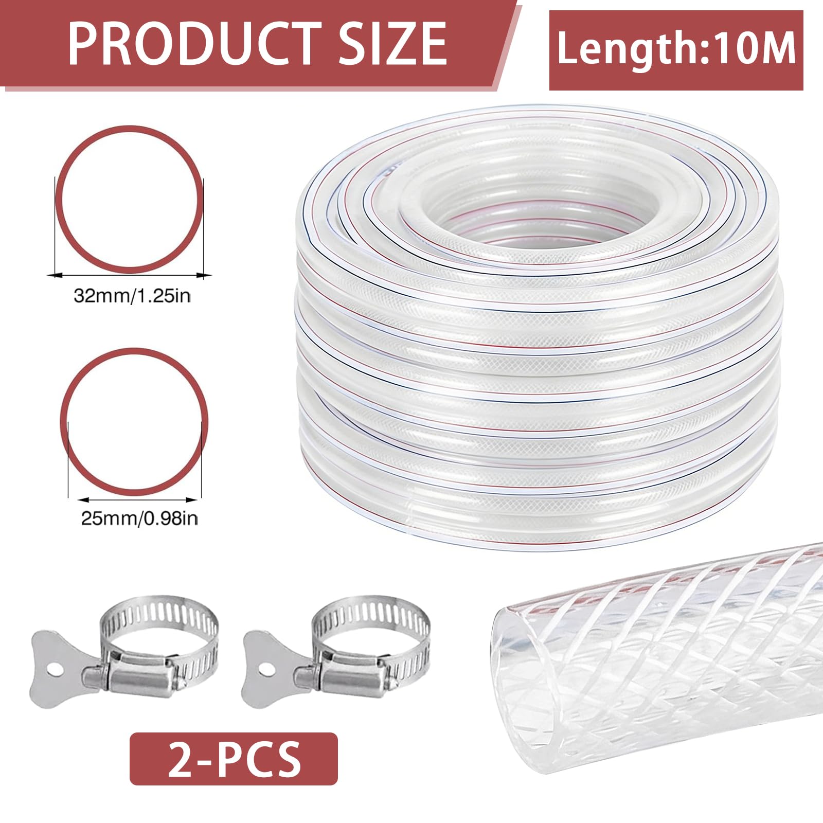 Tuyau d'eau potable, tuyau renforcé en PVC, tuyau d'arrosage avec collier de serrage, tuyau de jardin, tuyau d'irrigation, tuyau d'air flexible, tuyau de carburant (25x32mm,10Meter)