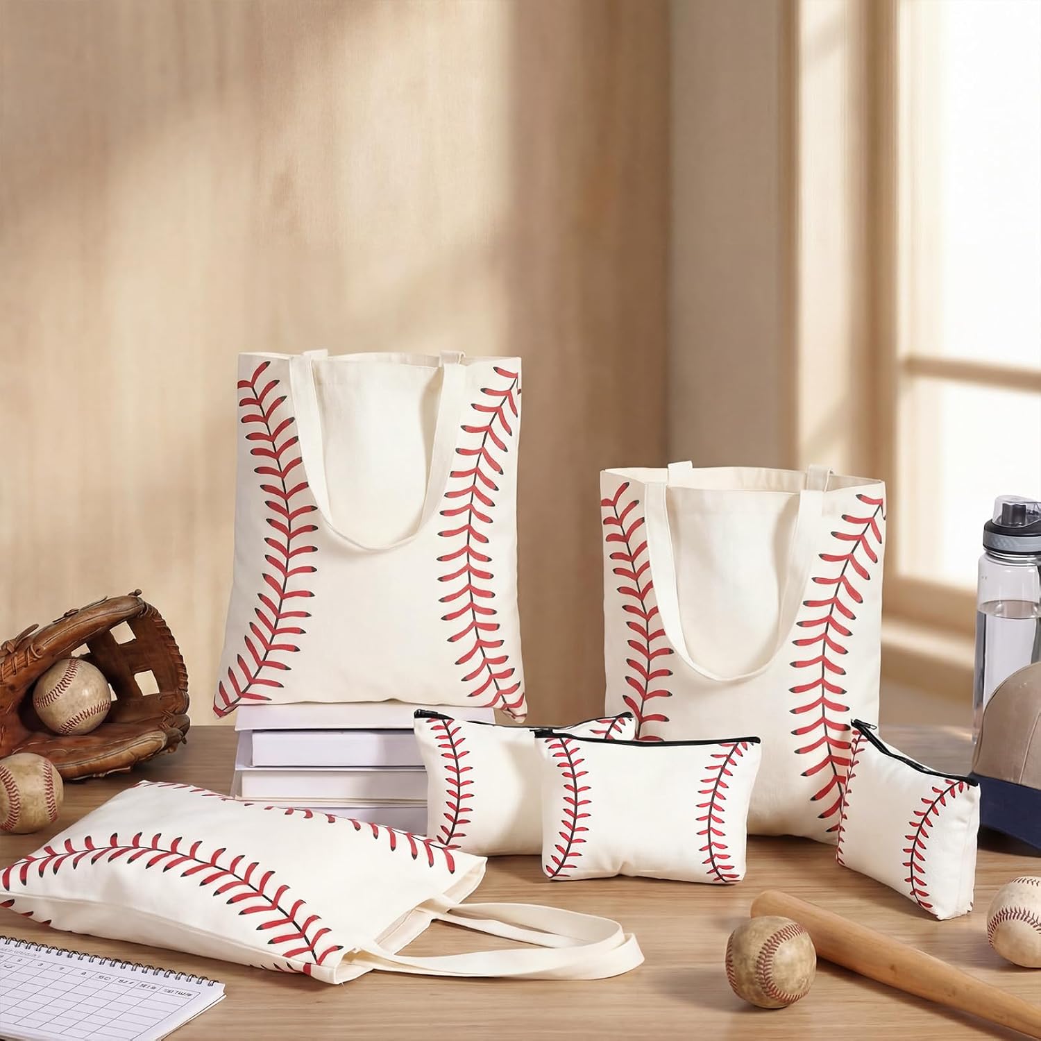 12 Pcs Baseball Canvas Tote and Cosmetic Bags Bulk for Women Baseball Mom Team Novelty Shoulder Bag Zipper Pouch Organizer for Sports Travel Party Favors Player Team Gifts