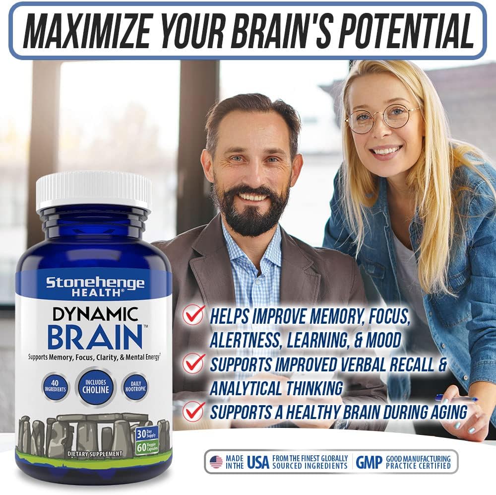 Stonehenge Health Dynamic Brain Supplement – Memory, Focus, & Clarity– Formulated with 40 Unique Nootropic Ingredients: Choline, Phosphatidylserine, Bacopa Monnieri, and Huperzine A