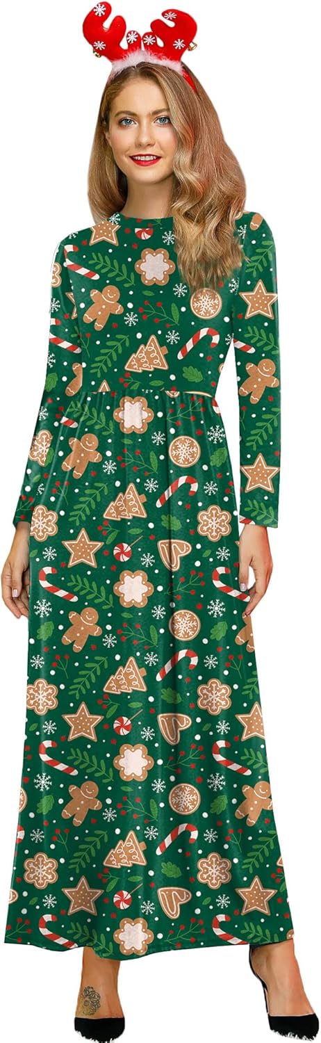 For G and PL Women's Ugly Christmas Maxi Dress Long Sleeve Graphic Outfit with Pockets