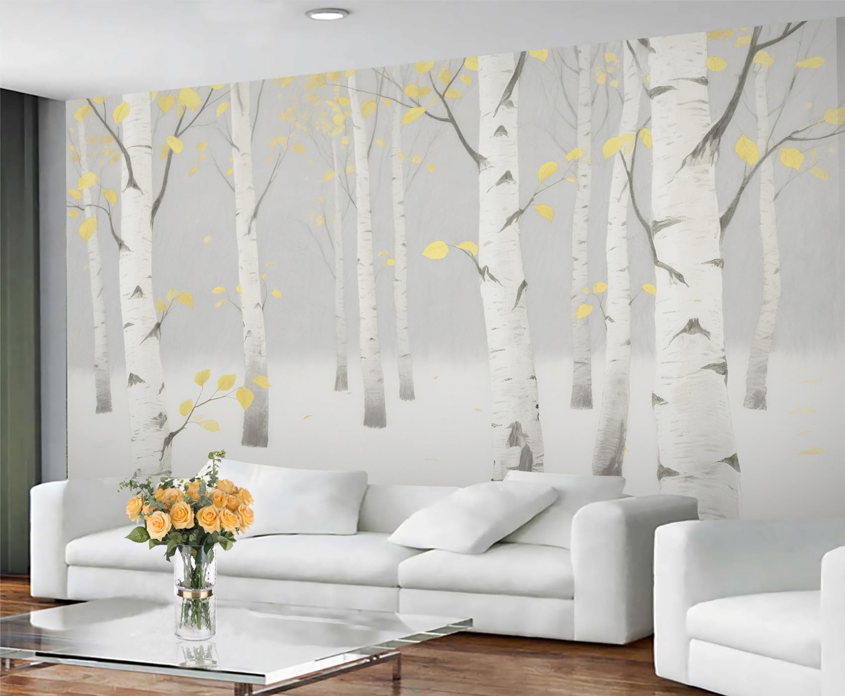 Papier peint bouleau gris pour masquer les imperfections et decorer