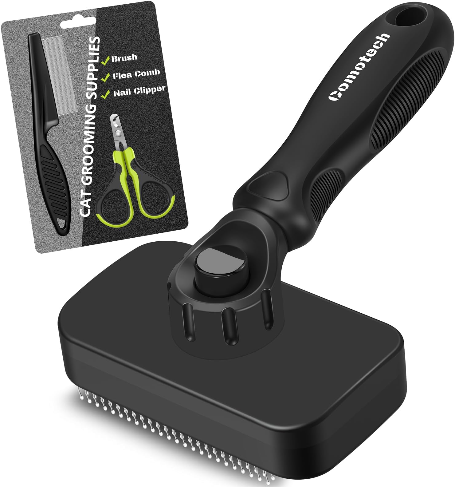 Comotech 3PCS Cat Grooming Supplies, Cat Brush & Nail Clipper/Trimmer & Flea Comb for Shedding Indoor Cats Essentials Stuff Accessories (Black)