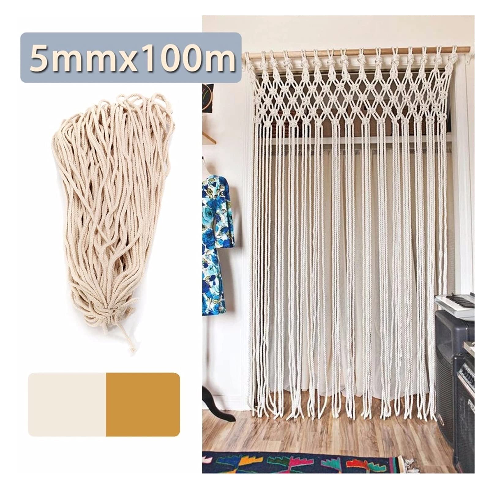Cadena 5MMX100M Cuerda de Macrame de algodón Trenzado Cuerda torcida Rope DIY Craft Macrame Woven String Inicio Accesorios Textiles Regalo Beige Khaki para Manualidades (Color : Beige)