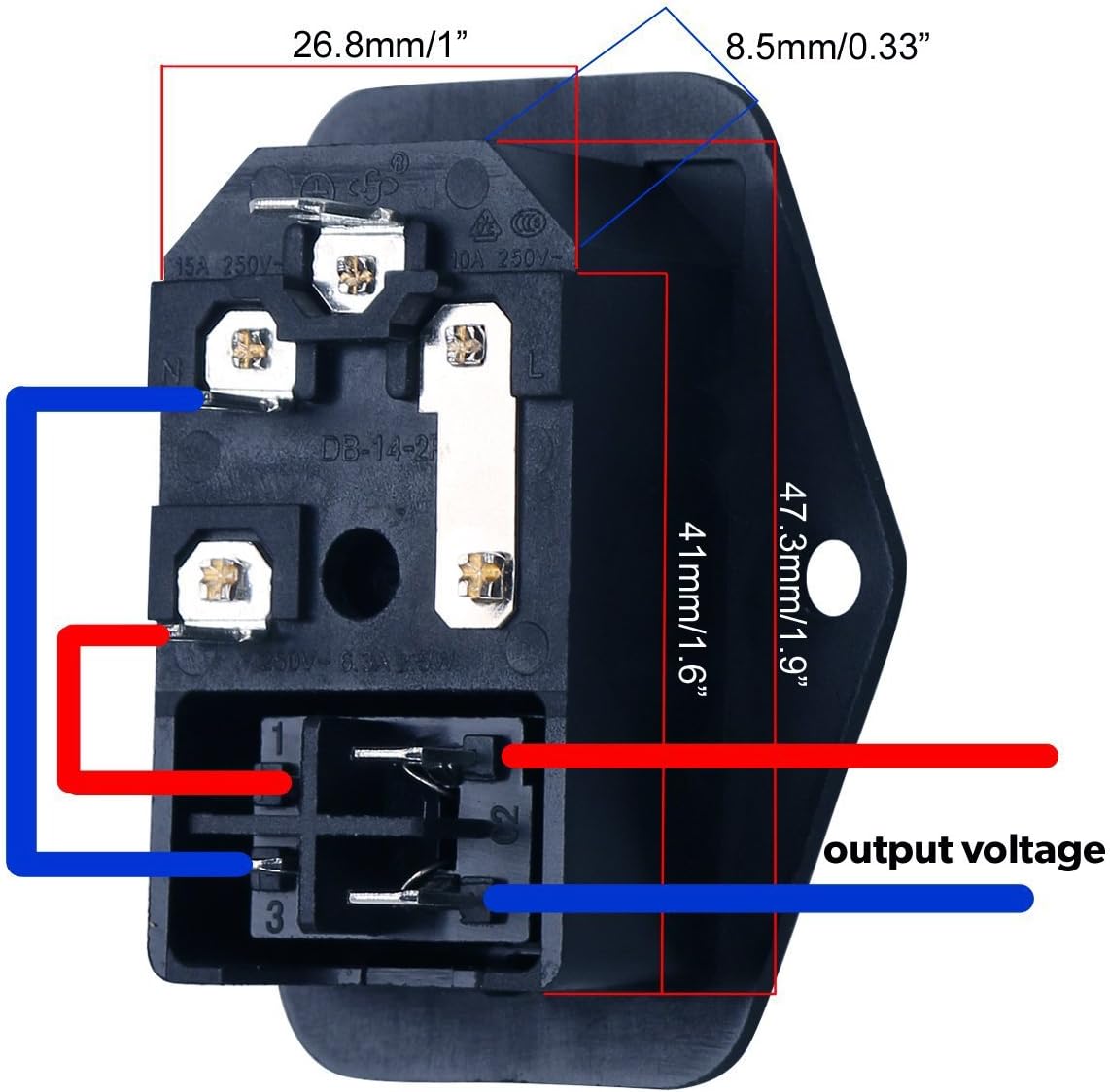 URBEST Male Power Socket 10A 250V Inlet Module Plug 5A Fuse Switch with 7Pcs Female 16-14 AWG Wiring Spade Crimp Terminals