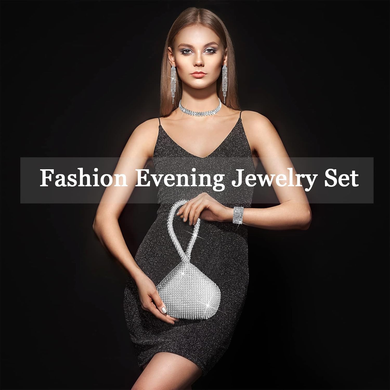 4 Pcs Rhinestone Clutch Purse Jewelry Set Silver Evening Bags with Silver Crystal Choker Necklace, Stretch Bracelets, Tassel Drop Earrings and Shiny Purse for Women Evening Party - Image 2