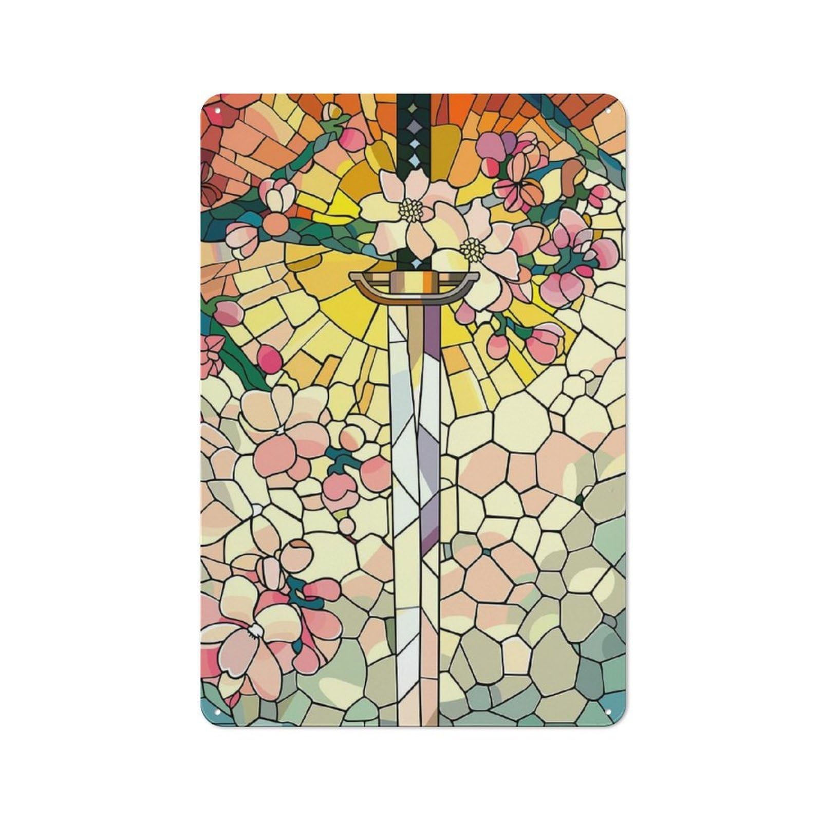 Junmoney Style-9 Stained Glass Sword And Flowers Rustic Tin Wall Plaque 30X20cm For Hobby Room Or Studio, A New Home Present For Creative Interior Collectors