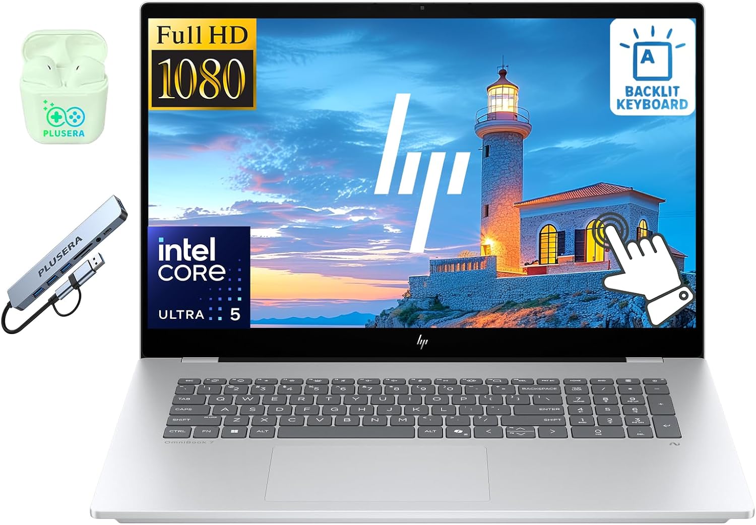 HP OmniBook Laptop, 17.3" FHD Touchscreen Business Laptop Computer, Intel Core Ultra 5 226V Processor, 16GB RAM 1TB SSD, Windows 11, Backlit Keyboard, PLUSERA Earphones & 8-in-1 Hub, Glacier Silver