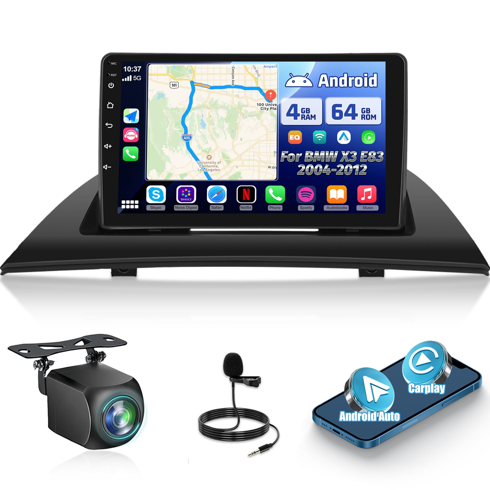 NHOPEEW Radio samochodowe 4 + 64 G do BMW X3 E83 2004-2012 - 9 cali radio samochodowe z systemem Android z bezprzewodowym Carplay i Android Auto - Mirror Link 32EQ DSP Split-Screen + kamera cofania i