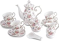 Vista 9 de Juego de té de porcelana de 21 piezas con juego de 6 tazas de té y platillos con azúcar y crema y tetera, juego de tetera para adultos, fiesta de té