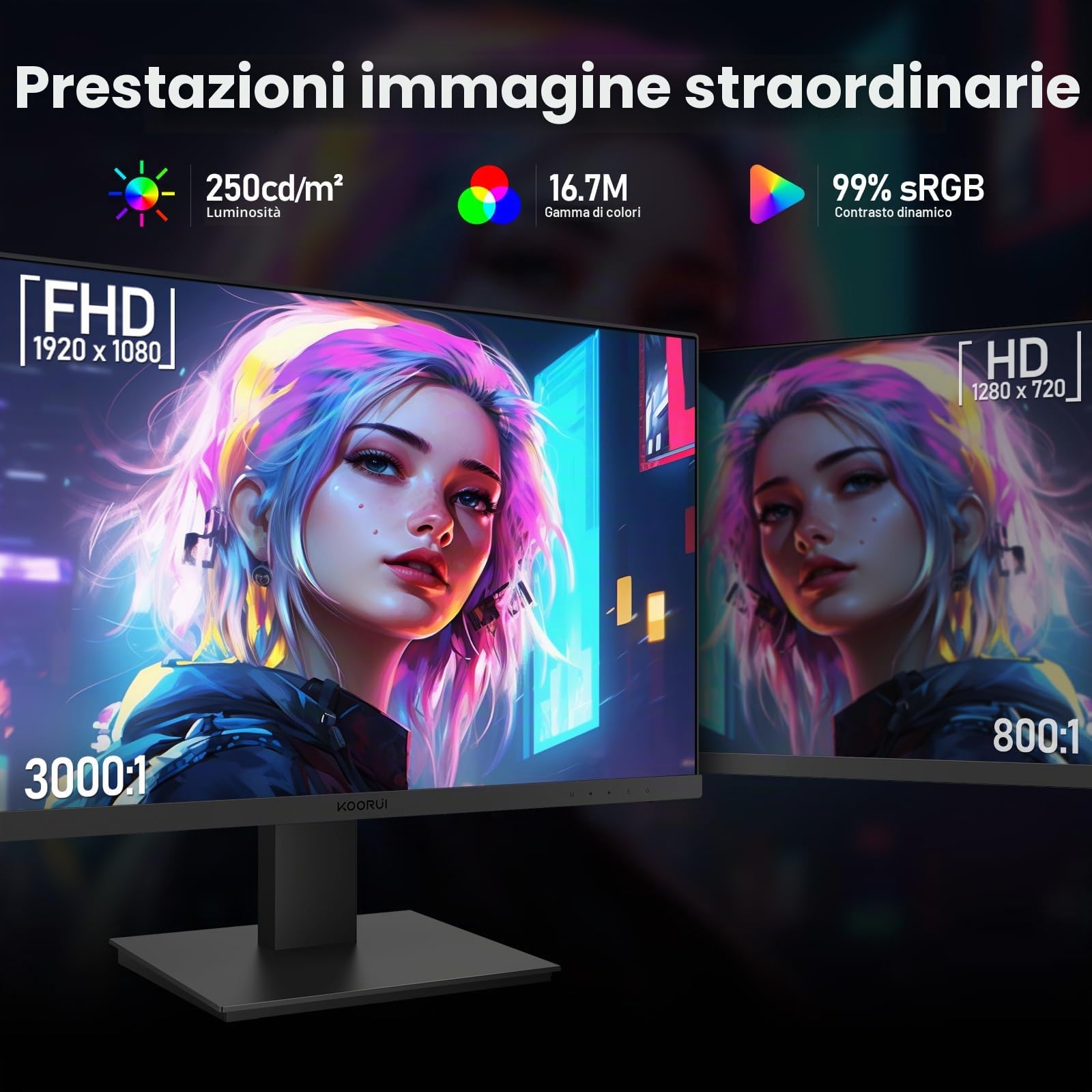 KOORUI Gaming Monitor 24 Pollici, Altoparlanti Incorporati, FHD 1920x1080p, 100Hz, HDMI, VGA, Montabile VESA 75x75 mm, Adaptive Sync, Cura Degli Occhi e Pannelli ultra Sottili, Nero