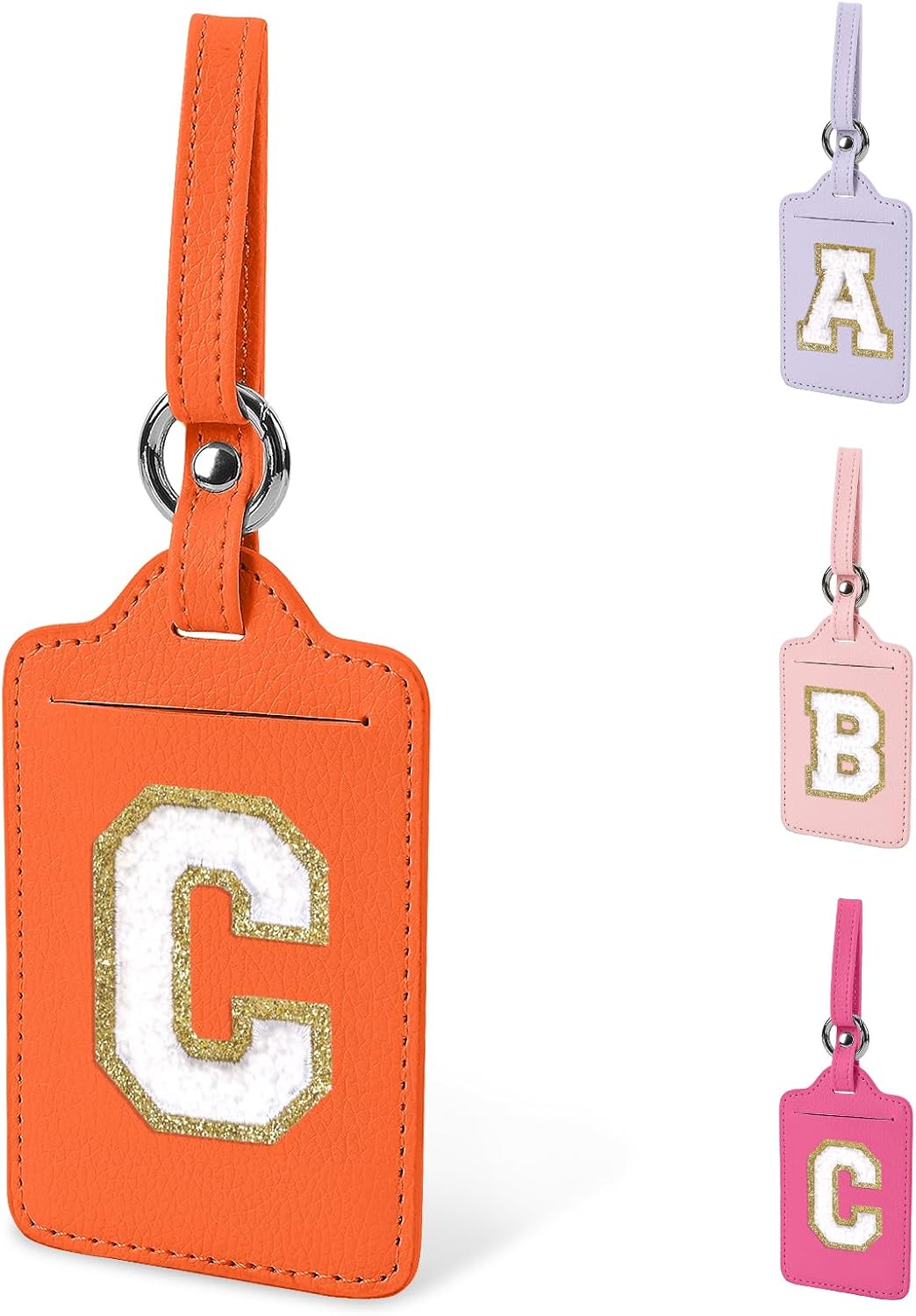 Initial Luggage Tag C for Suitcases, PU Leather Personalized Letter Luggage Tags with Privacy Cover Name Card, Orange Cute Monogrammed TSA Approved Travel Handbag Tags for Women Kids(1 Pack Letter C)