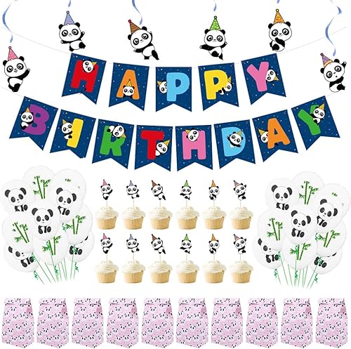 61 piezas de suministros de decoración de fiesta de cumpleaños de panda, temática de oso panda, globos de bambú de panda, bolsas de regalo,