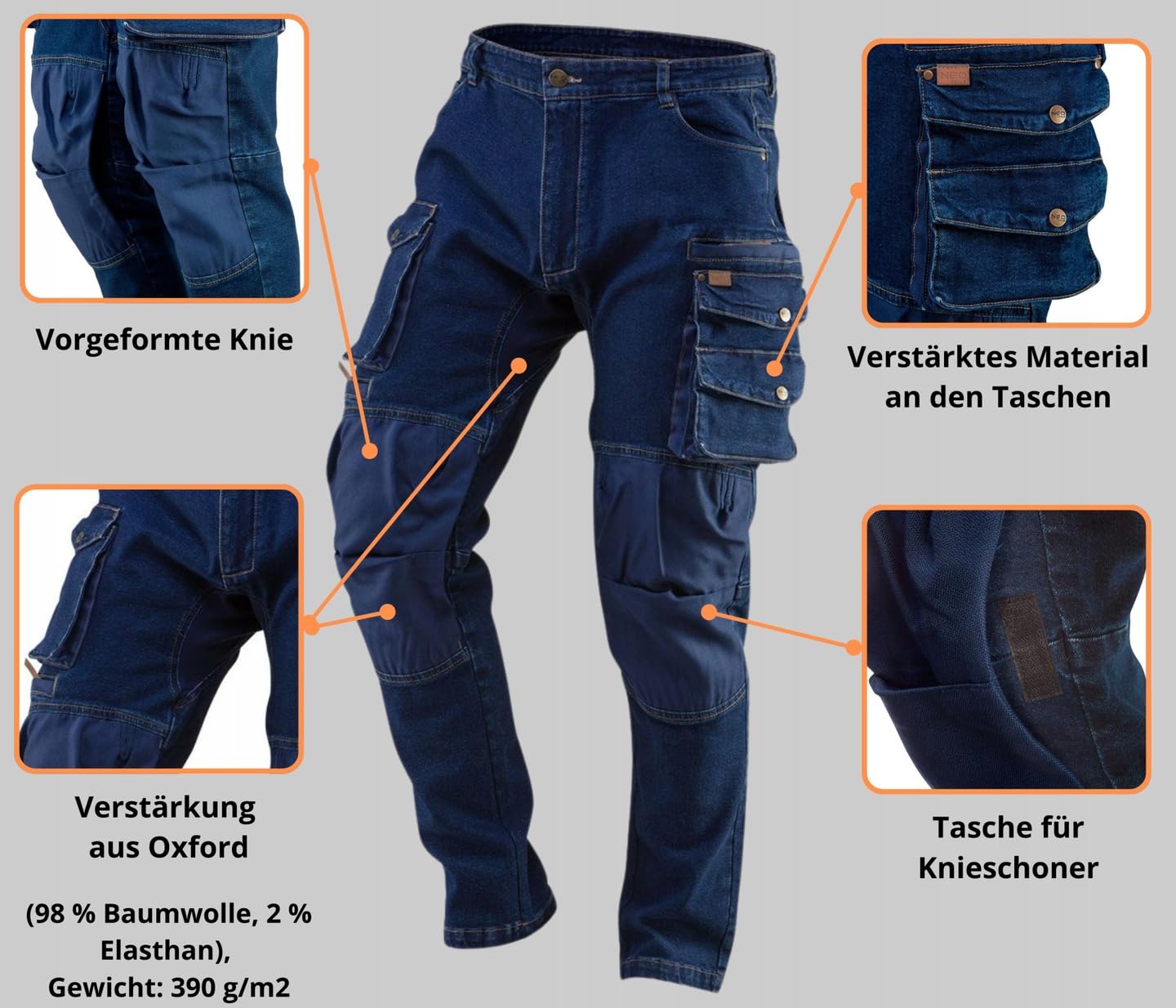 NEO TOOLS Pantaloni da lavoro in denim, da uomo con cintura, tessuto Oxford, tasca per ginocchiere, resistenti e universali, da lavoro, multi tasche, jeans da lavoro stretch