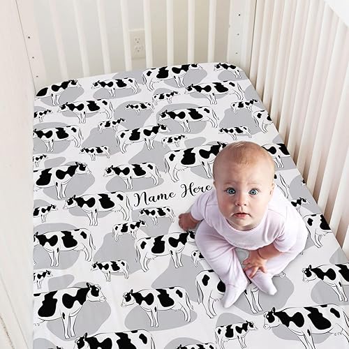 Miniatura 2 de Sábanas de cuna personalizadas con patrones de vaca con nombre, sábanas de cama ajustadas personalizadas para bebés y niñas, paquete y sábanas de