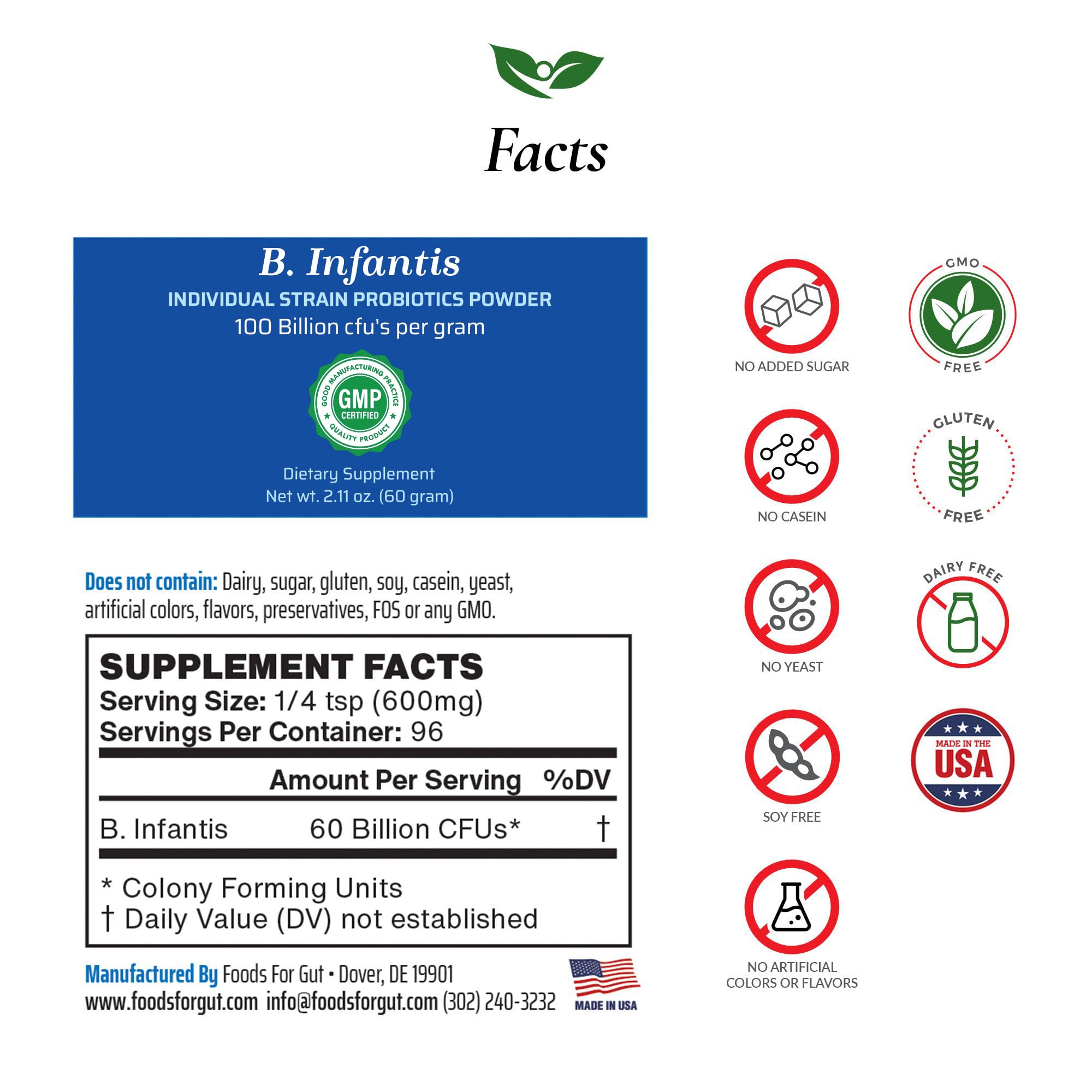 Foods For Gut Bifidobacterium Infantis Probiotic Powder 100 Billion cfu's | Digestive & Immune Support | High Potency | B. Infantis | 60 Grams (2.11 Oz)