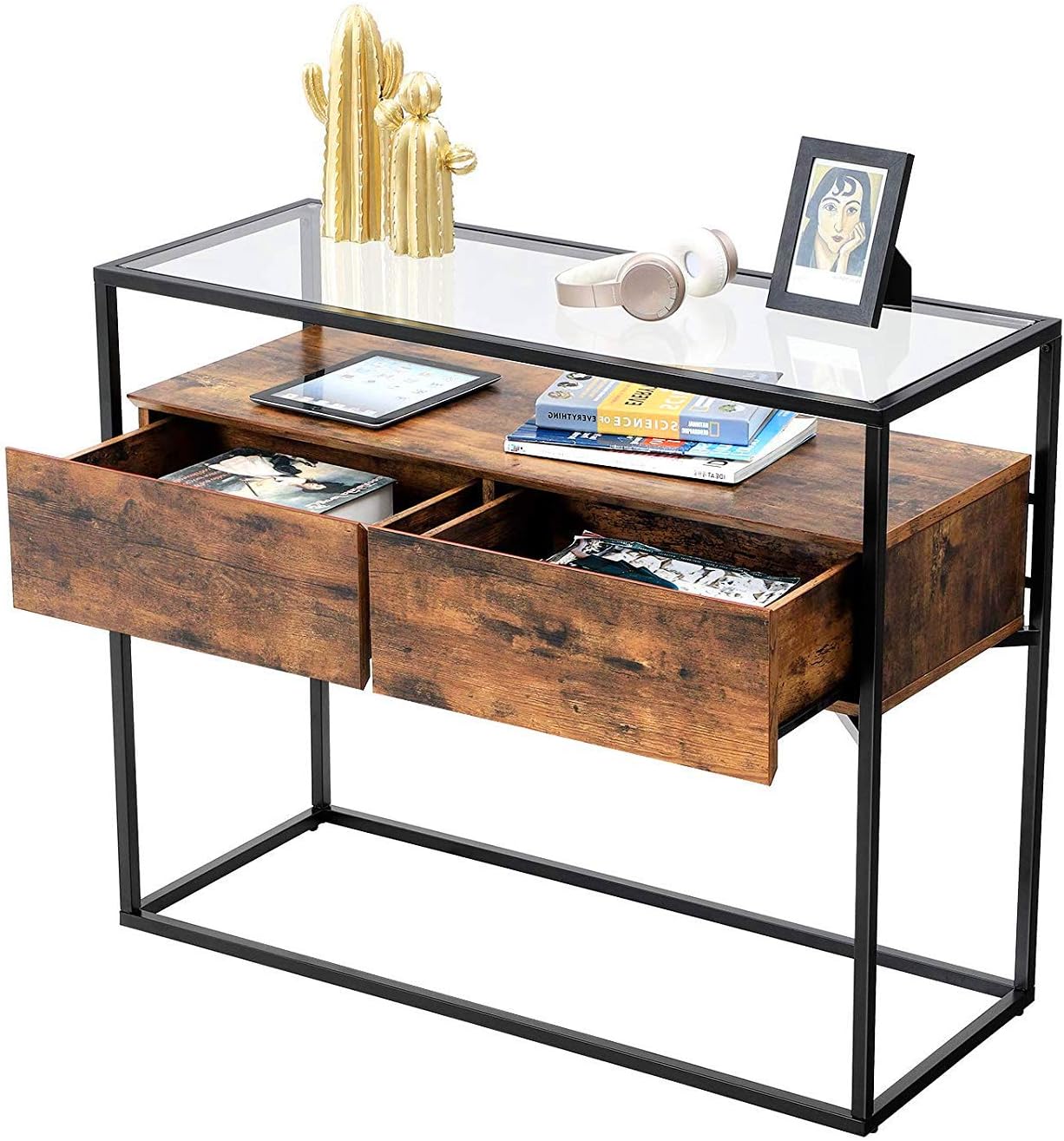 VASAGLE Industrial Console Table, Tempered Glass Table with 2 Drawers and Rustic Shelf, Decoration Sideboard, in Hallway Lounge or Foyer, Stable Iron Frame ULNT11BX