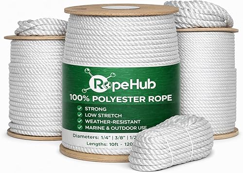 SGT KNOTS Cuerda de poliéster trenzado 1/4, 3/8, 1/2, 5/8, 3/4, 1, 1,25, 1,5, 2 pulgadas de ancho, Varias longitudes, Blanco