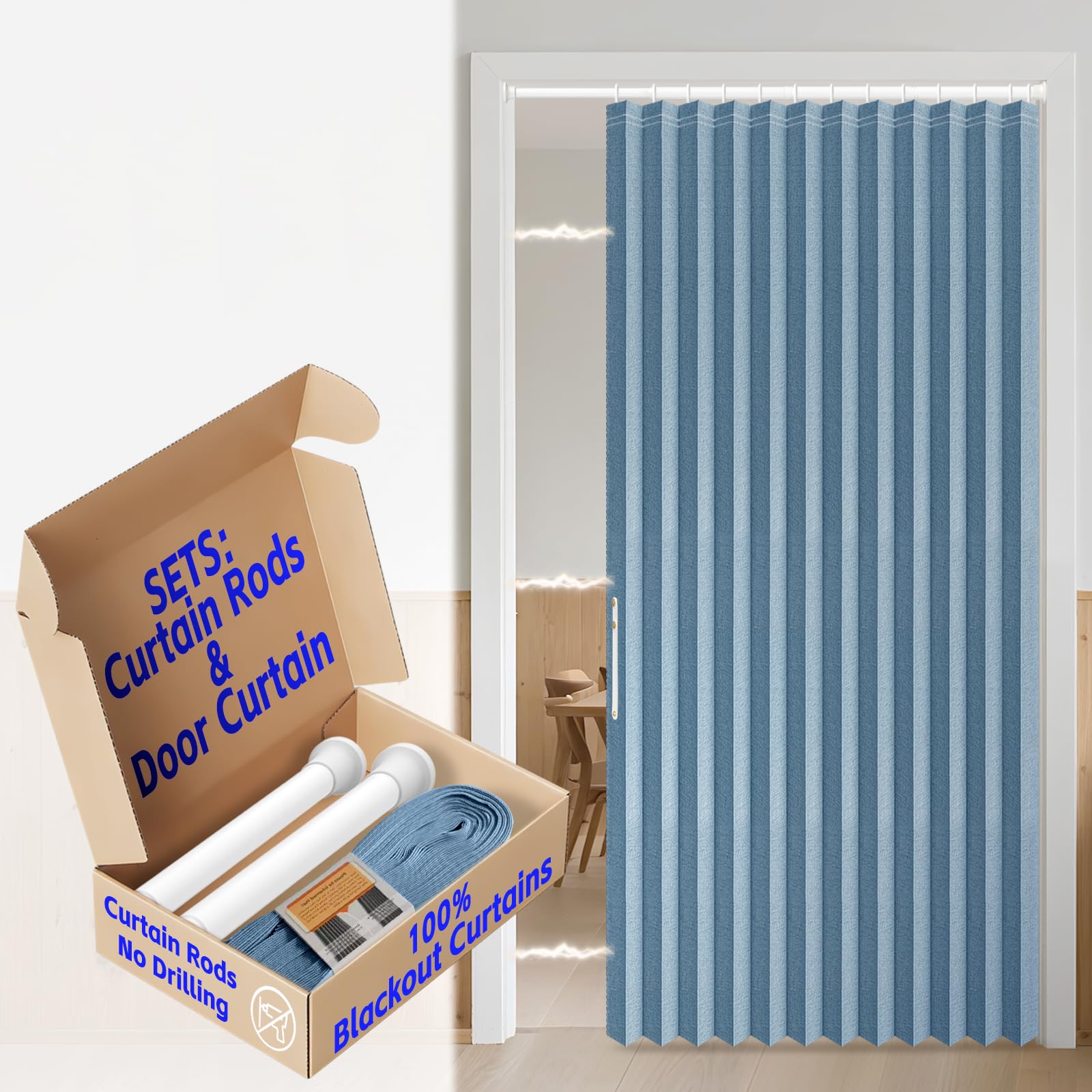 AJAZZ Blackout Accordion Door with Curtain Rods Adjustable 28-52" Long Closet Door Curtain Invisible for Bedroom Room Living Room Doorway (1 Pack, 52 W x 78 L, Blue)