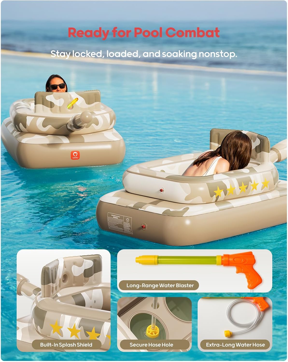 QPAU Inflatable Tank Pool Float for Adults & Kids – Ride-On Camouflage Floaty with Water Cannon, Swim Raft Toy for Boys Girls, Lake Beach Backyard Party Floaties