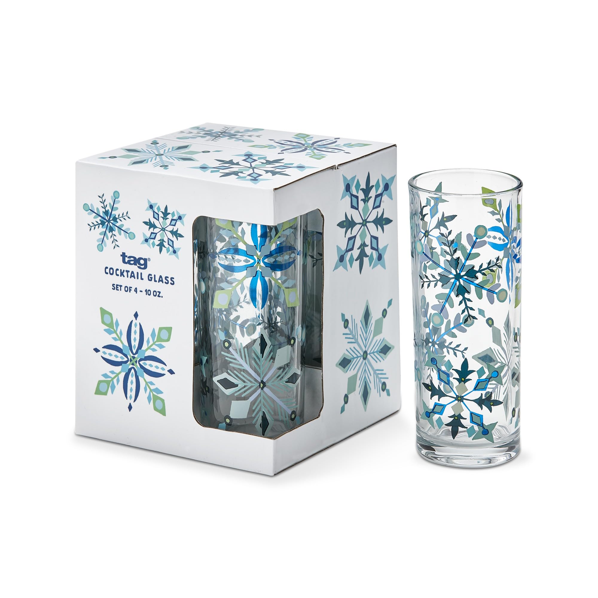 tag 10 oz. Alpine Glow Blue Snowflake Cocktail Beverage Drinkware Glass, Set of 4 Christmas XMAS Festive Winter Holidays Home Kitchen Dining Dinner Meal Decor Decoration Blue Multi