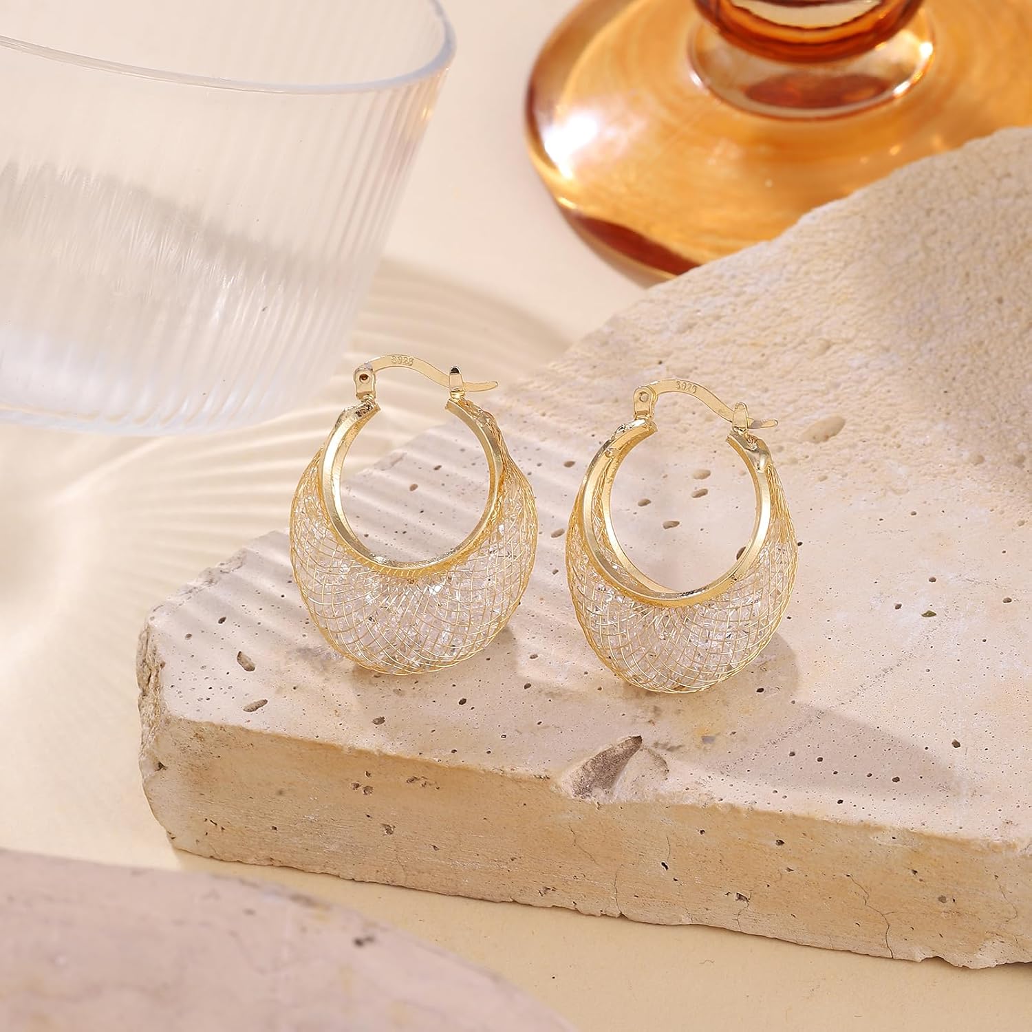 14K Gold Plated 23–25mm Lightweight Mesh Hoop Earrings for Women, Cubic Zirconia, 925 Sterling Silver Post, Hypoallergenic - Image 5