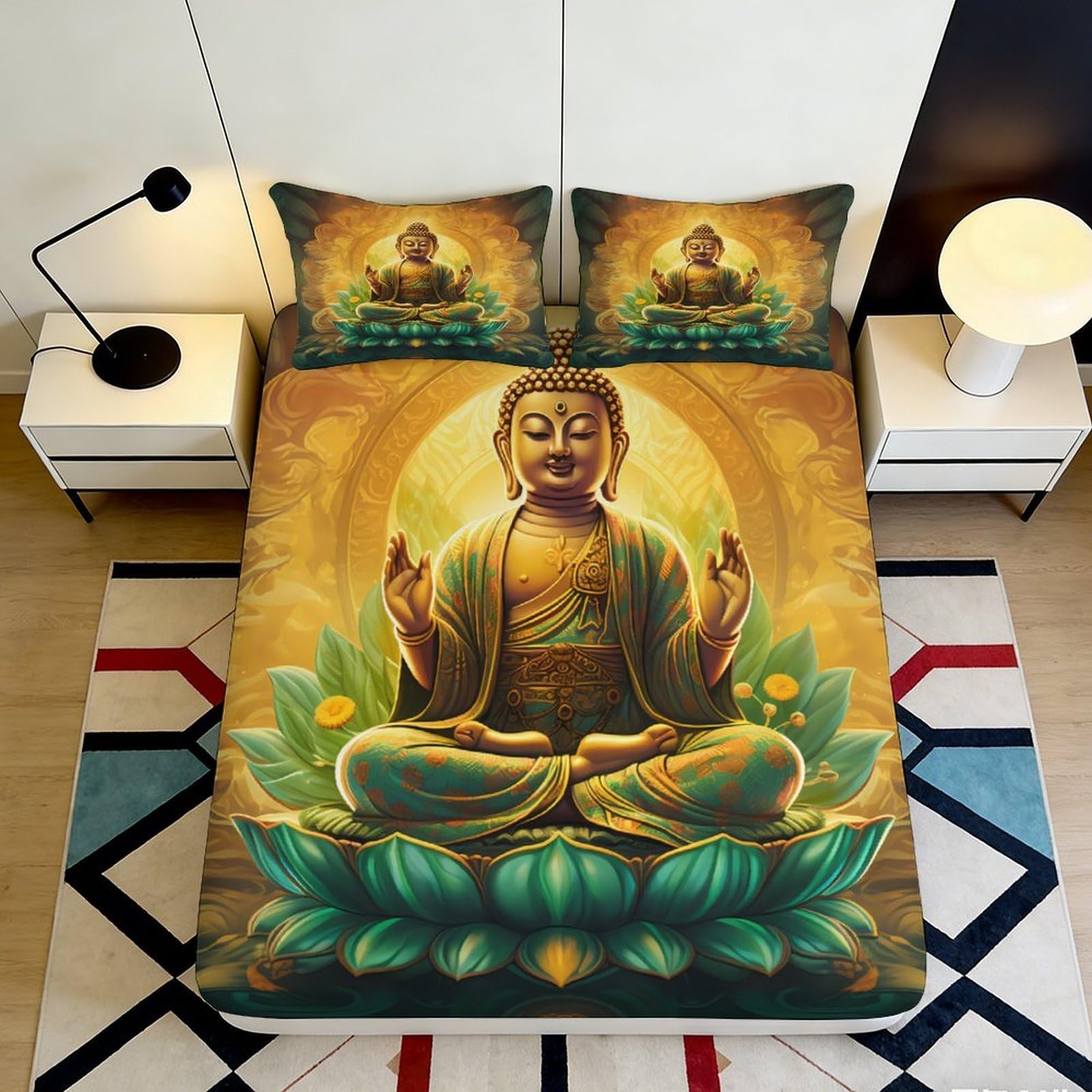 3D Printed Buddha Lotus Fitted Sheet Microfiber Soft Breathable Meditation Bed Cover for Bedroom Guest Room Dormitory Mattress Protection 90x200x25cm
