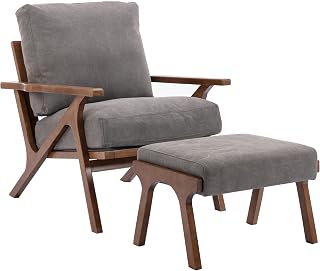 CHAIRUS Mid-Century Modern Accent Chair with Ottoman - Grey Linen Fabric Armchair, Comfy Wood Leg Lounge Chair for Living Room Bedroom