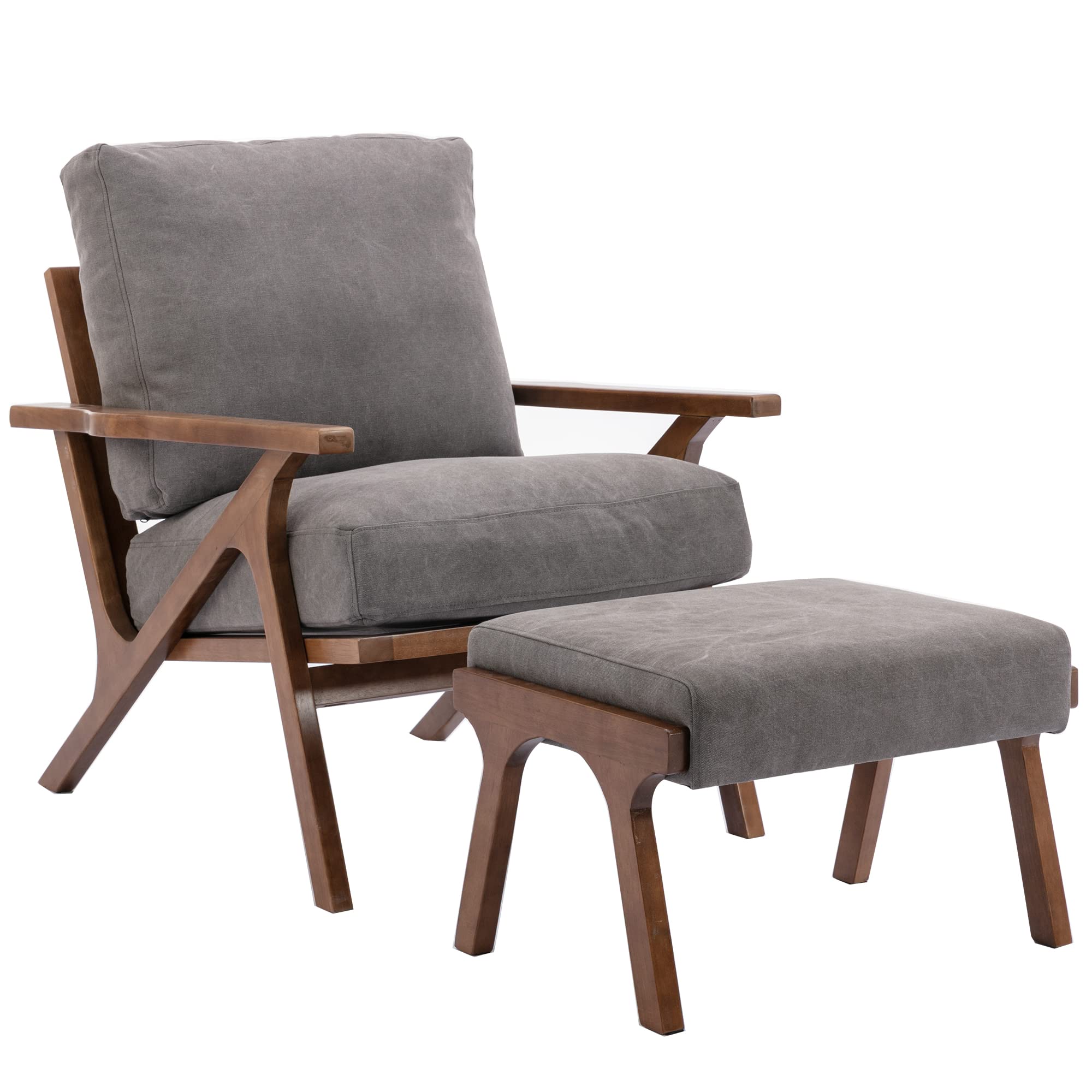Sponsored Ad - chairus Mid-Century Modern Accent Chair with Ottoman, Linen Fabric Armchair with Wood Legs Comfy Upholstered Single Sofa Chair for Living Room/Bedroom/Lounge, Grey