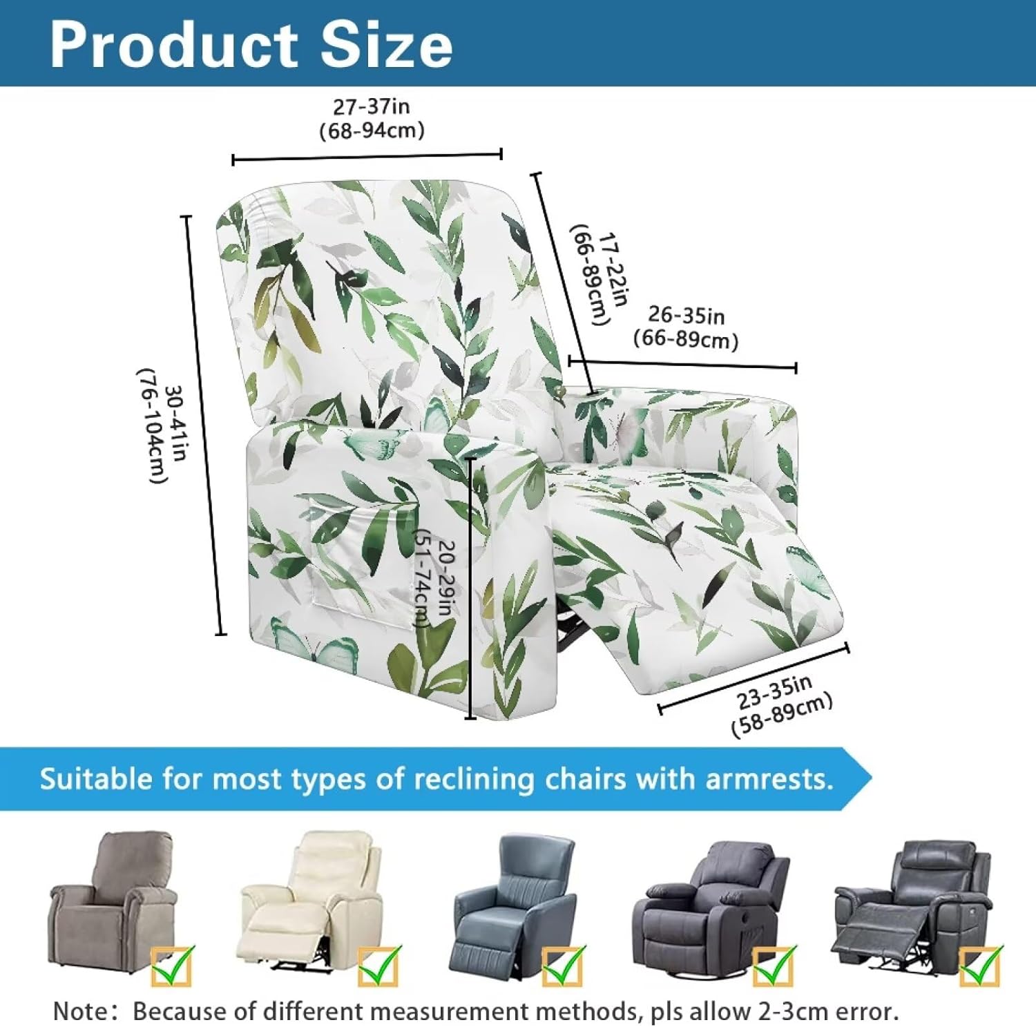 FOR U DESIGNS Leaf Green White Stretch Recliner Cover Slipcover for Reclining Chairs with Elastic Straps Easy Installation Washable for Living Room Protection Against Stains
