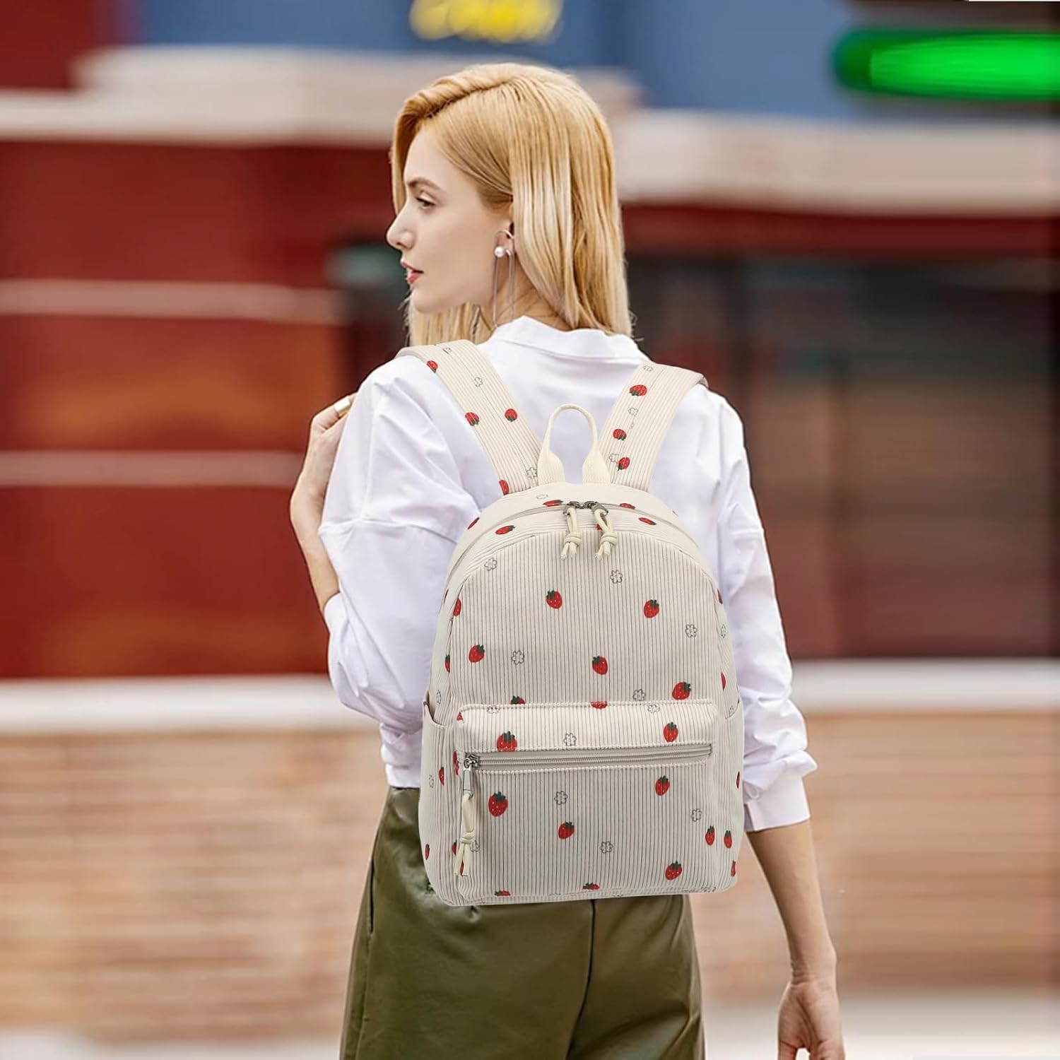 Corduroy Mini Backpack Purse for Women Girls, Fashion Small Backpack for Adults Teens Kids School Travel (Red Strawberry) - Image 2