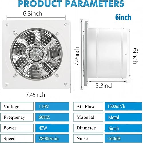 Miniatura 7 de Ventilador de escape de 8 pulgadas, ventilador de ventilación de garaje montado en la pared, ventilador de escape de metal de 500 CFM, ventiladores