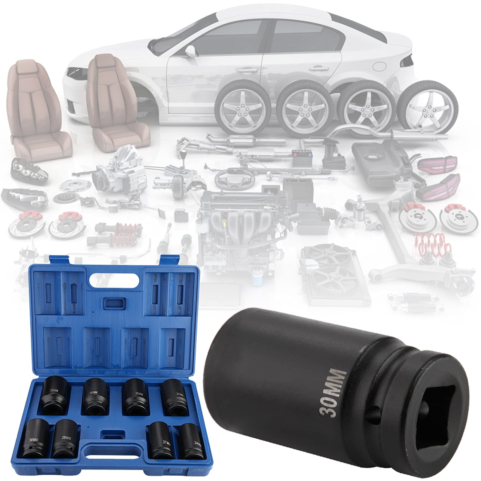 Generic Set di Bussole a Impatto Profondo Durevoli da 8 Pezzi, Acciaio Al Cromo Vanadio Ad Alta Resistenza, 24-38 Mm per Uso Meccanico