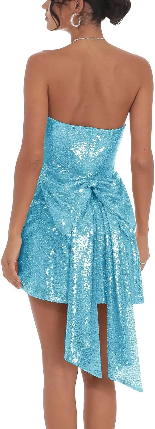 Sparkly Sequin Homecoming Dresses 2026 with Bow Strapless Short Prom Dresses for Teens Corset Cocktail Party Gown