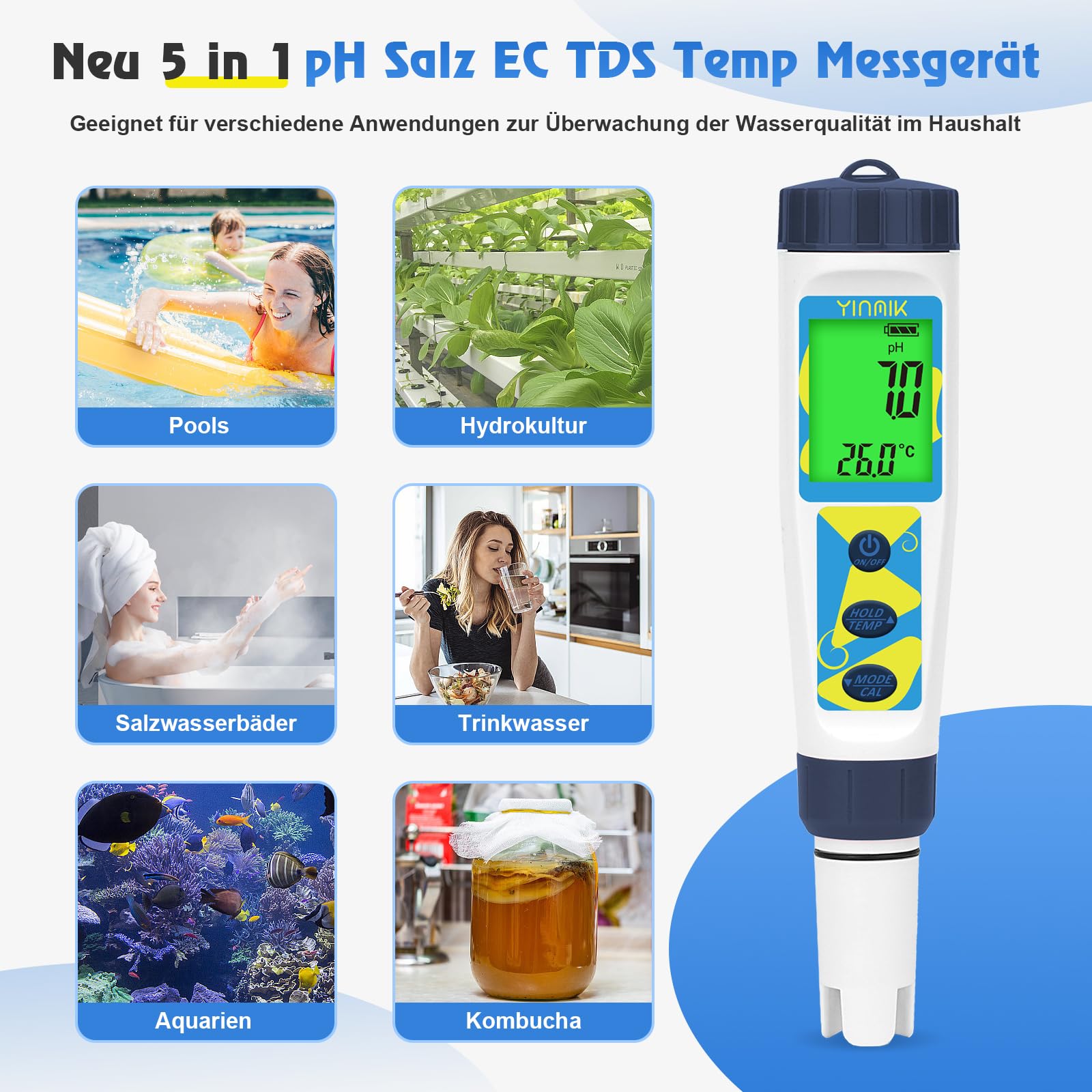 YINMIK pH Messgerät für Wasser, 5 in 1 Messgerät für pH Salz EC TDS Temperatur, pH Wert Messgerät, Salzgehalts Messer für Meerwasser Pool, Leitfähigkeit PPM Messer für Trinkwasser und Hydrokulturen