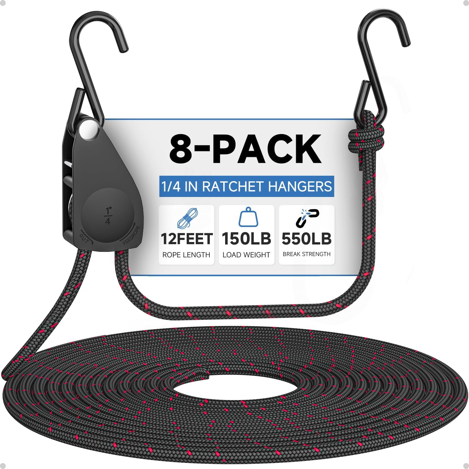 Fondwell 1/4" Tie Downs Ratchet Straps: 8 Pack of Heavy Duty Adjustable Rope Hangers for Various Hanging and Strapping