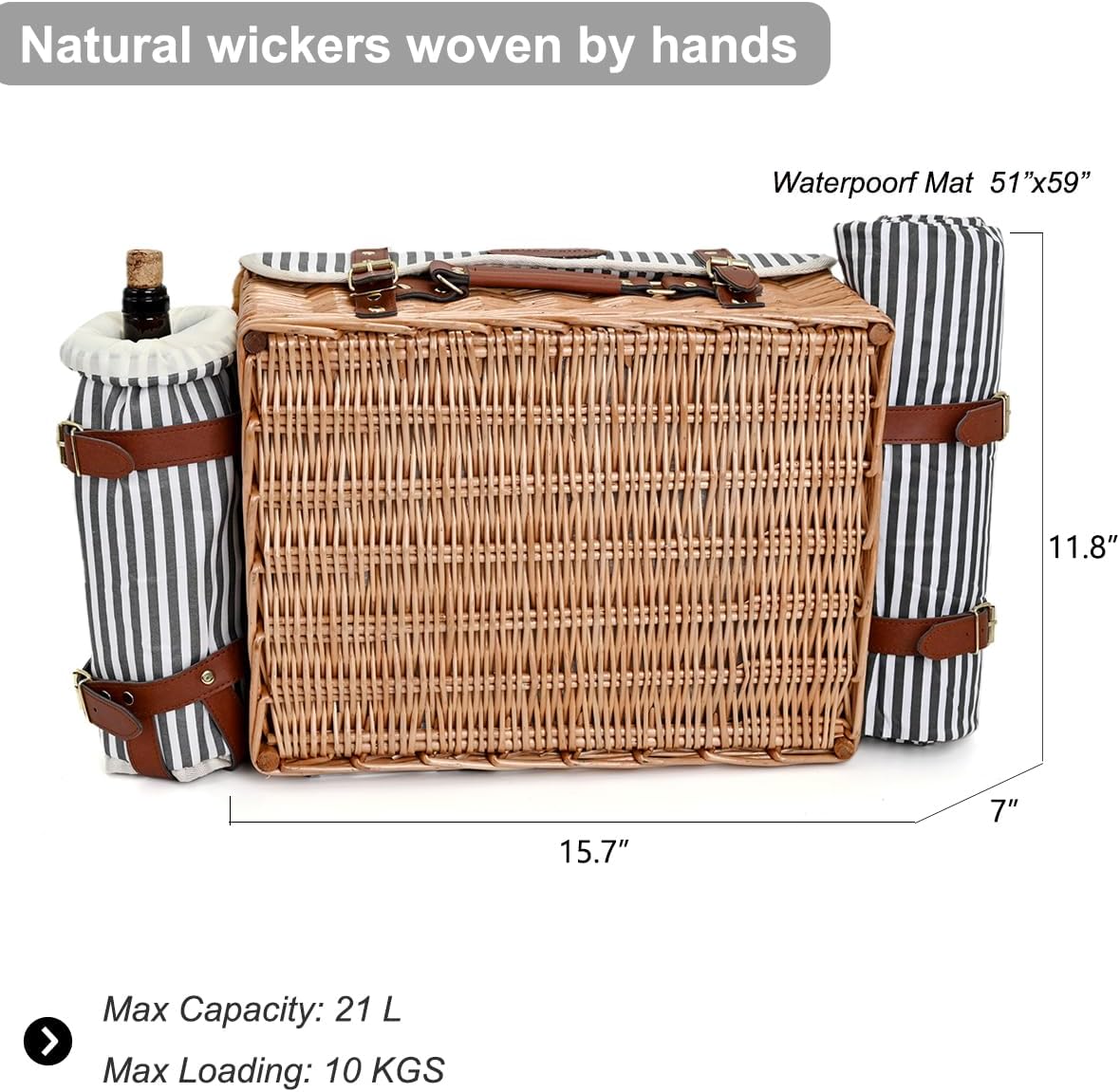 Multifunctional Wicker Picnic Basket Set for 2 with Blanket and Picnic Table, Insulated Picnic Set with Full Tablewares for Camping Outdoor Couples, Stripes - Image 4