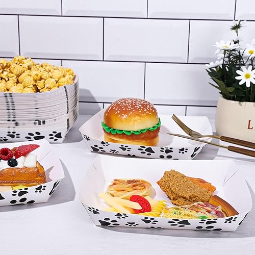 Miniatura 4 de Whaline 50 bandejas de papel desechables para comida y bote, diseño de pata de perro negro, soportes para alimentos a prueba de grasa para fiesta de