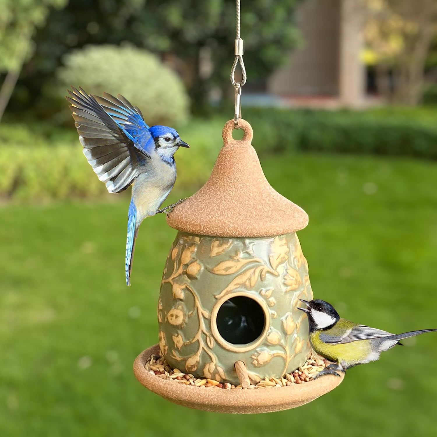 Hanging Bird Houses Ceramic Bird House Feeder with Wooden Pole for Outside Hummingbirds Cardinal Bluebird Nest Birdhouse Pet Cottage for Patio Outdoor Garden Decor