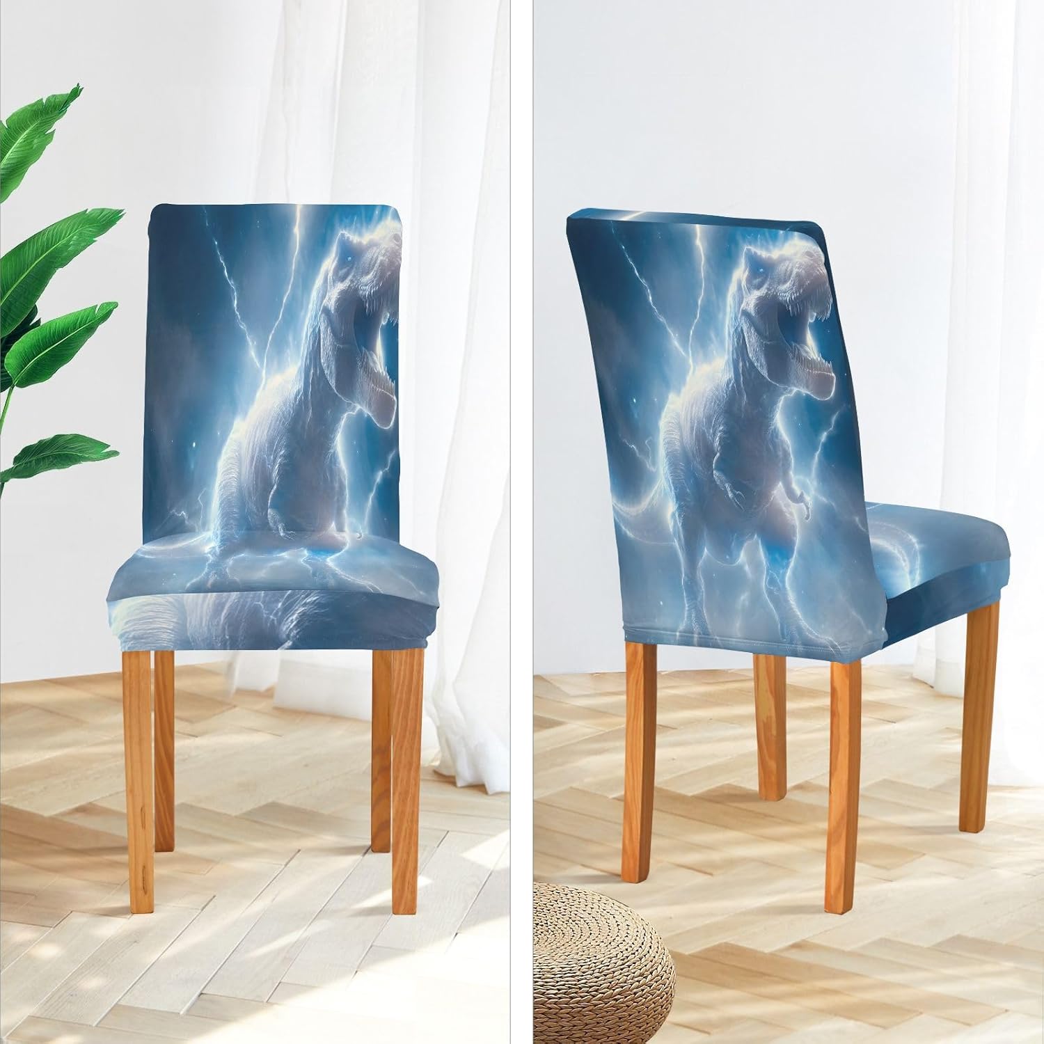 ALAZA Chair Covers for Dining Room, Dinosaur with Blue Lightning Stretch Chair Cover Sets Chair Protector Removable Washable for Ktichen Restaurant Hotel