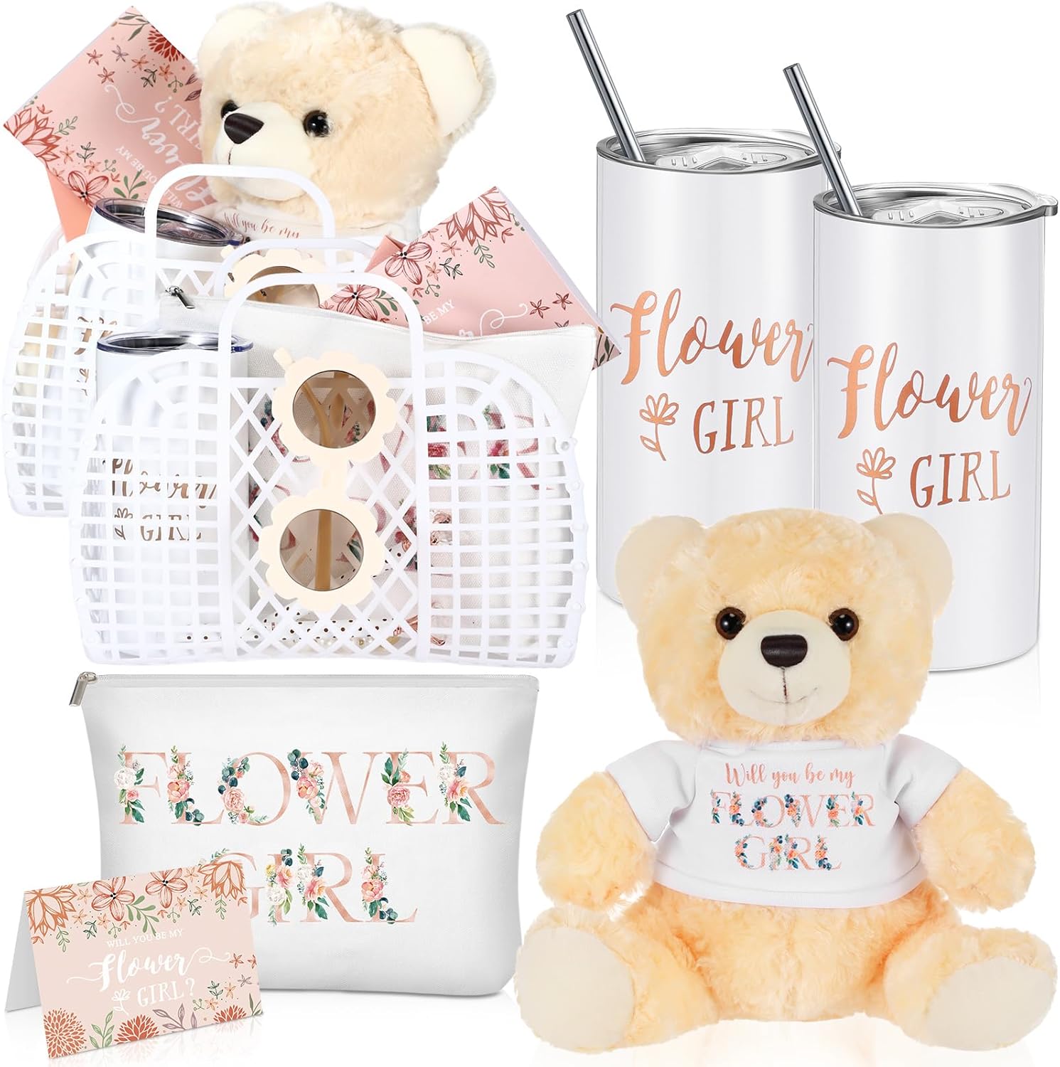 Sieral 18 Pcs Flower Girl Gift Set Jelly Basket Tumbler Bear Sunglasses Canvas Bag Bracelet Card Pen Envelope for Wedding Bridal Shower(White)