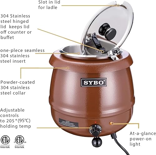 Miniatura 4 de SYBO SB-6000-1B - Calentador de sopa de grado comercial con tapa con bisagras y olla desmontable de acero inoxidable para fiestas de restaurante,