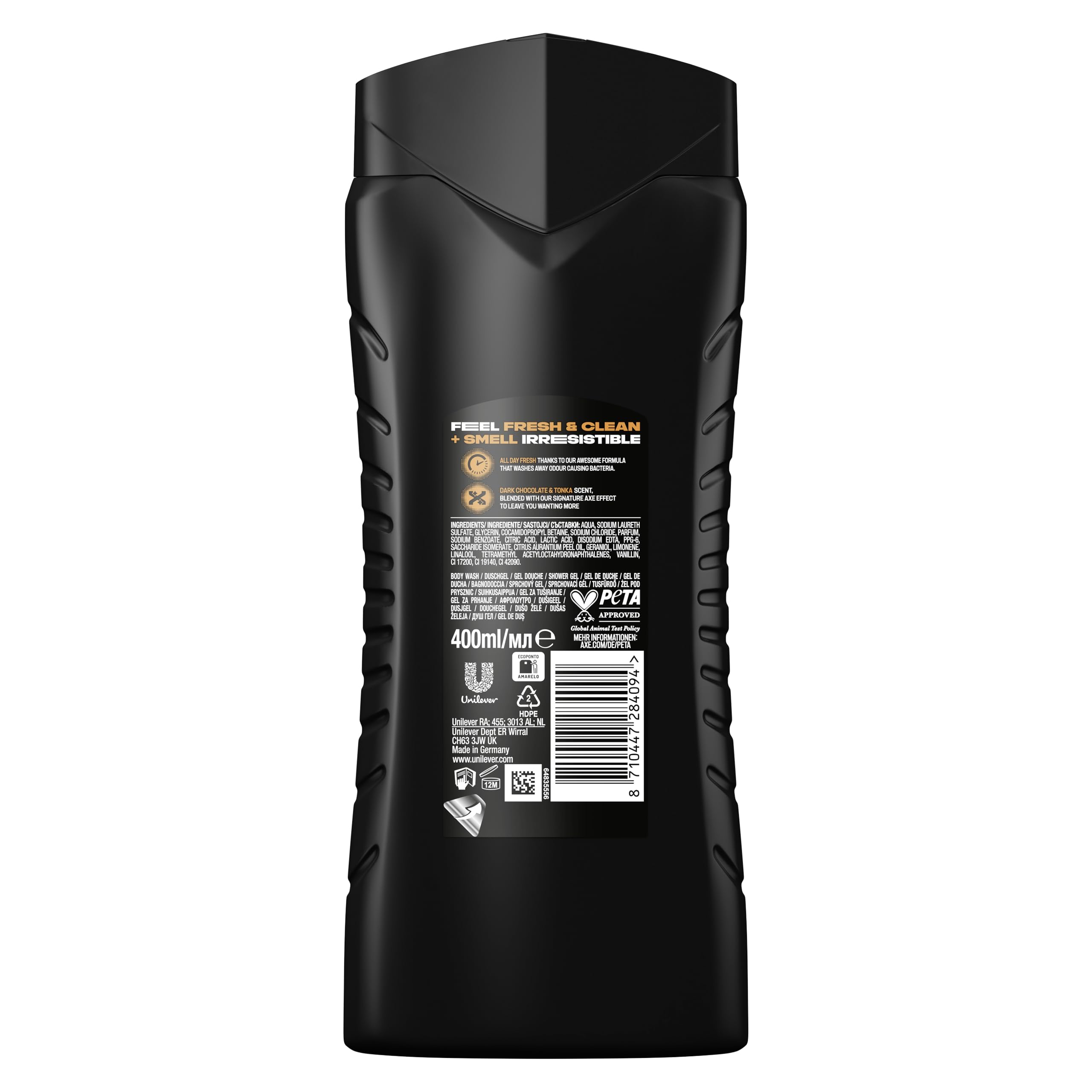 Axe Gel de Ducha y Champú para Hombre Dark Temptation 3en1 400ml - Pack de 4