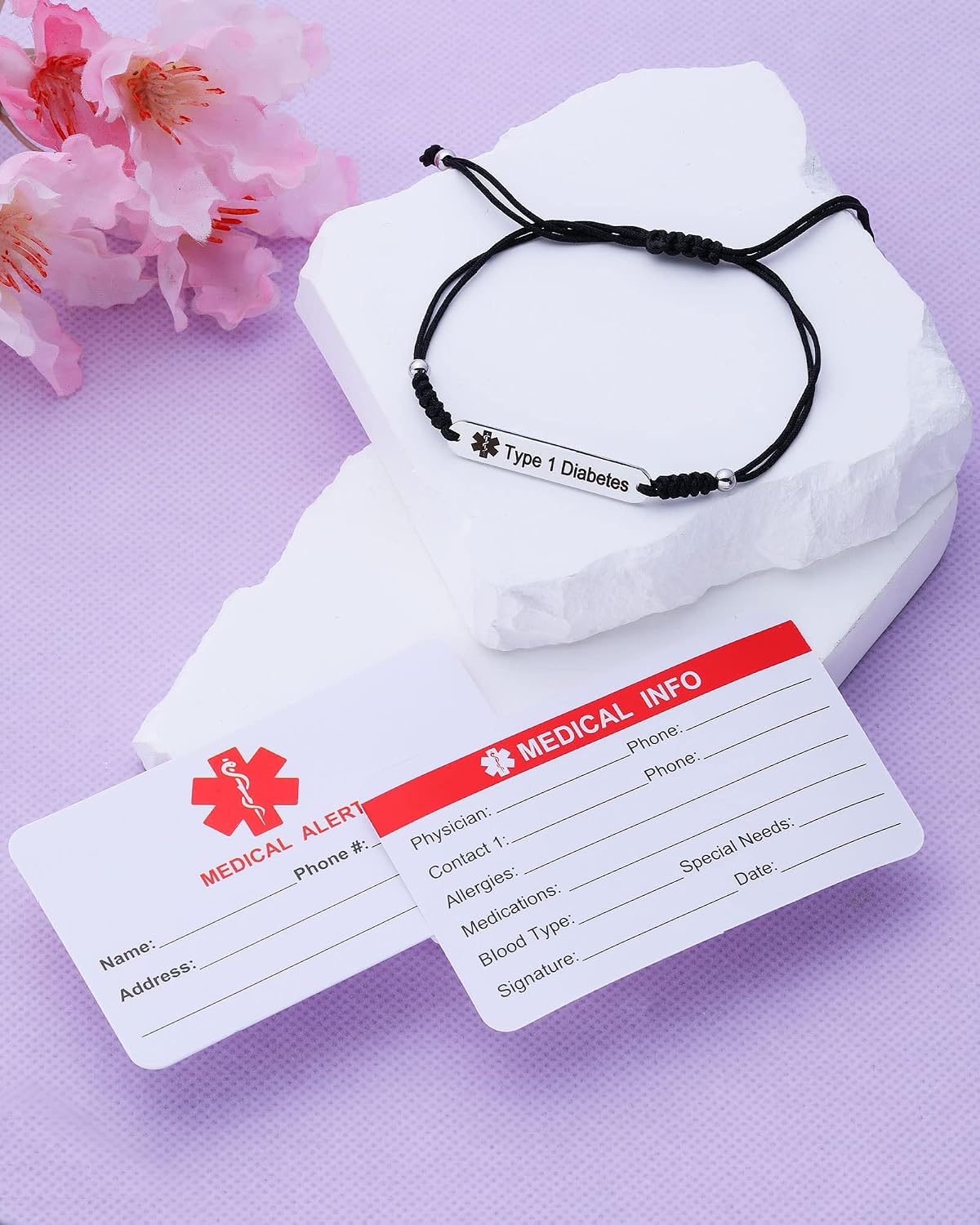 JF.JEWELRY Pre-Engraved Type 1 Diabetes Medical Alert ID Bracelets for Men and Women Braided Nylon Rope