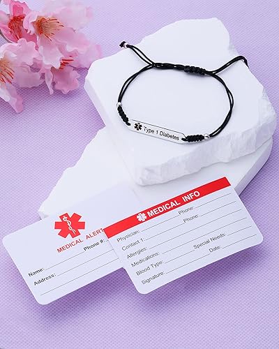 Miniatura 3 de JF.JEWELRY Pulseras de identificación de alerta médica para diabetes tipo 1 pregrabadas para hombres y mujeres, cuerda de nailon trenzada